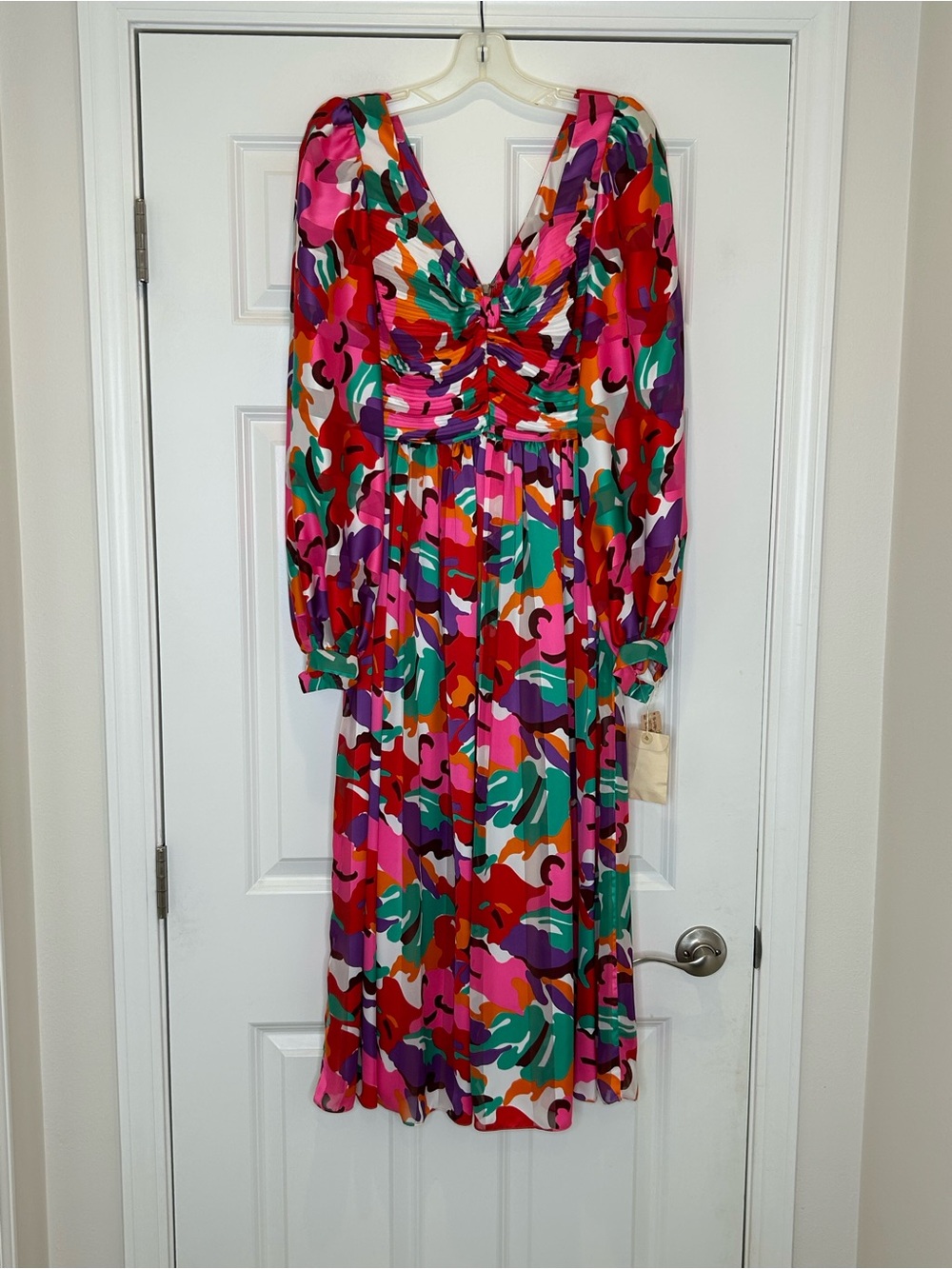 80's Vintage Morton Myles Colorful Abstract Print V neck Silk Dress 10 NOS NEW